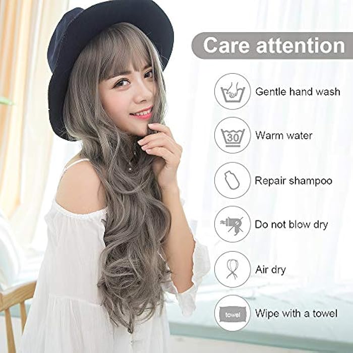 Padom wigs with bangs big wave and curly fluffy wig, and built-in breathable adjustable hair cover (GRAY) - Image 3